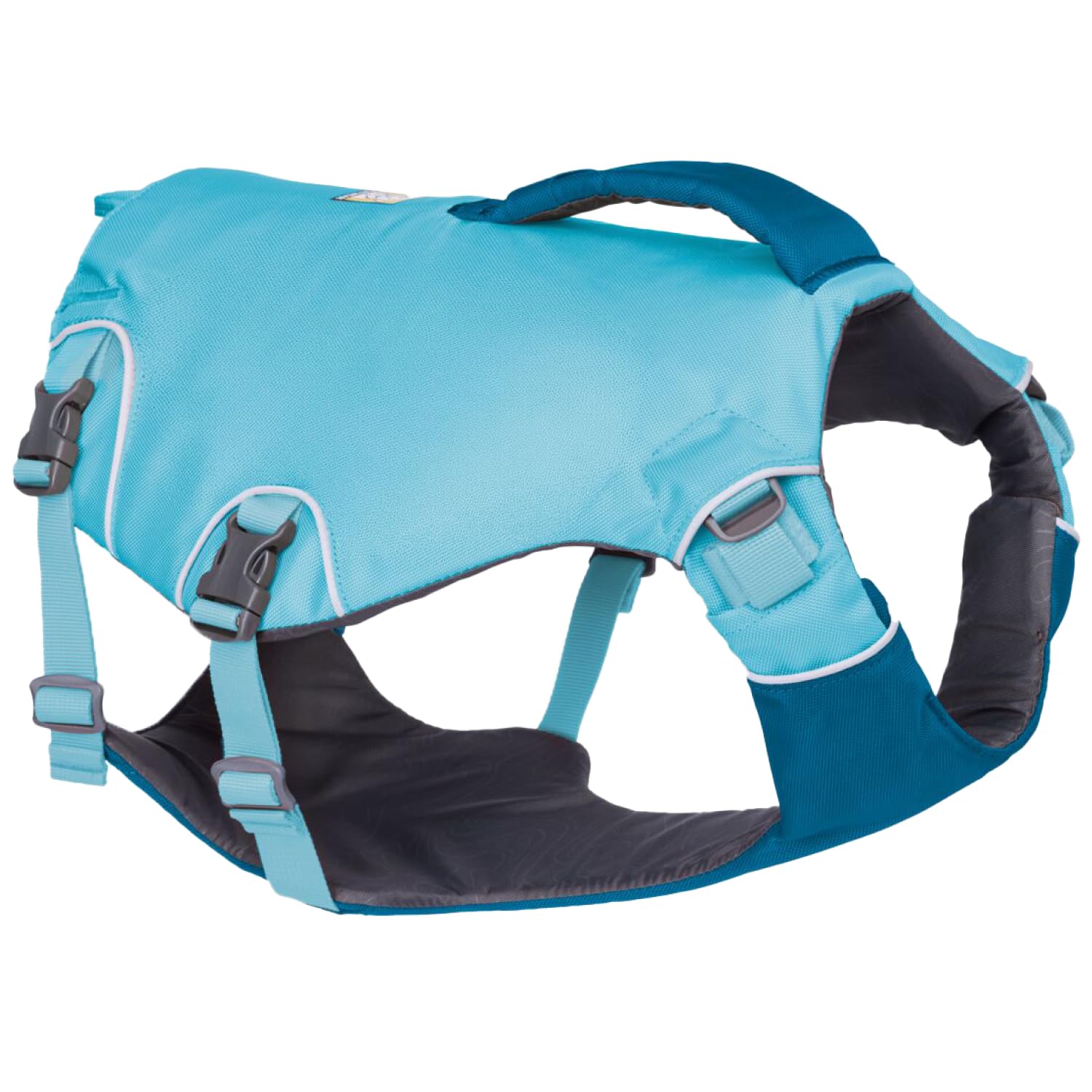Ruffwear Confluence Life Jacket front view showing secure fit for confident swimming.