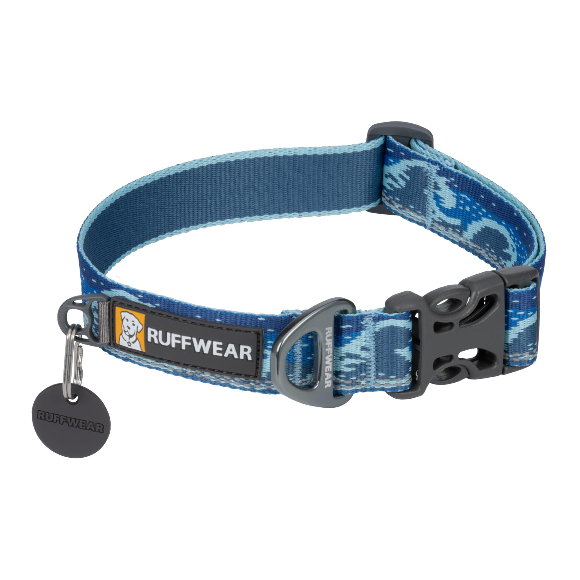 Ruffwear Crag Collar Midnight Wave front view for everyday adventure and reflective safety.
