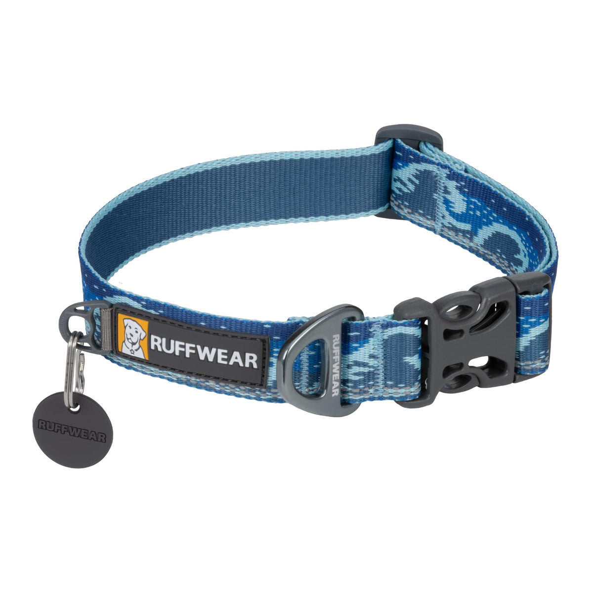 Ruffwear Crag Collar Midnight Wave front view for everyday adventure and reflective safety.