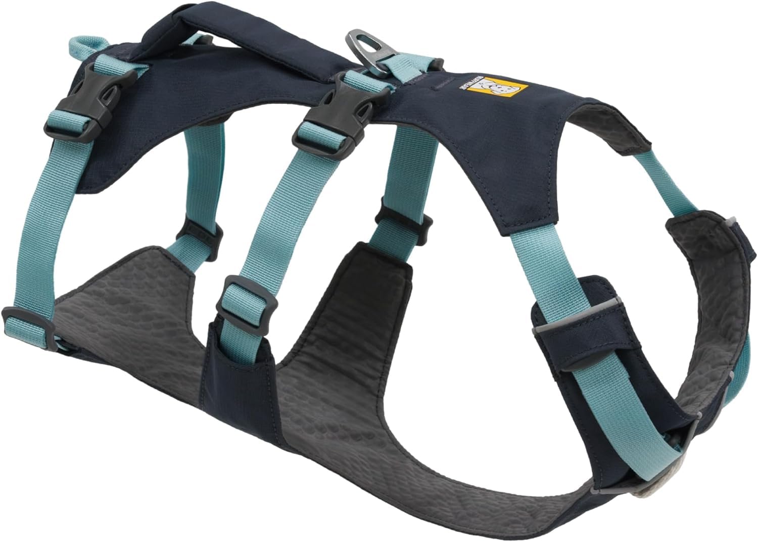 Ruffwear Flagline harness front view highlights lightweight, breathable design for daily walks and hikes