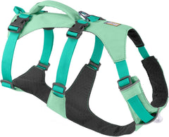 Ruffwear Flagline harness front view in sage green emphasizes freedom of movement during walks.