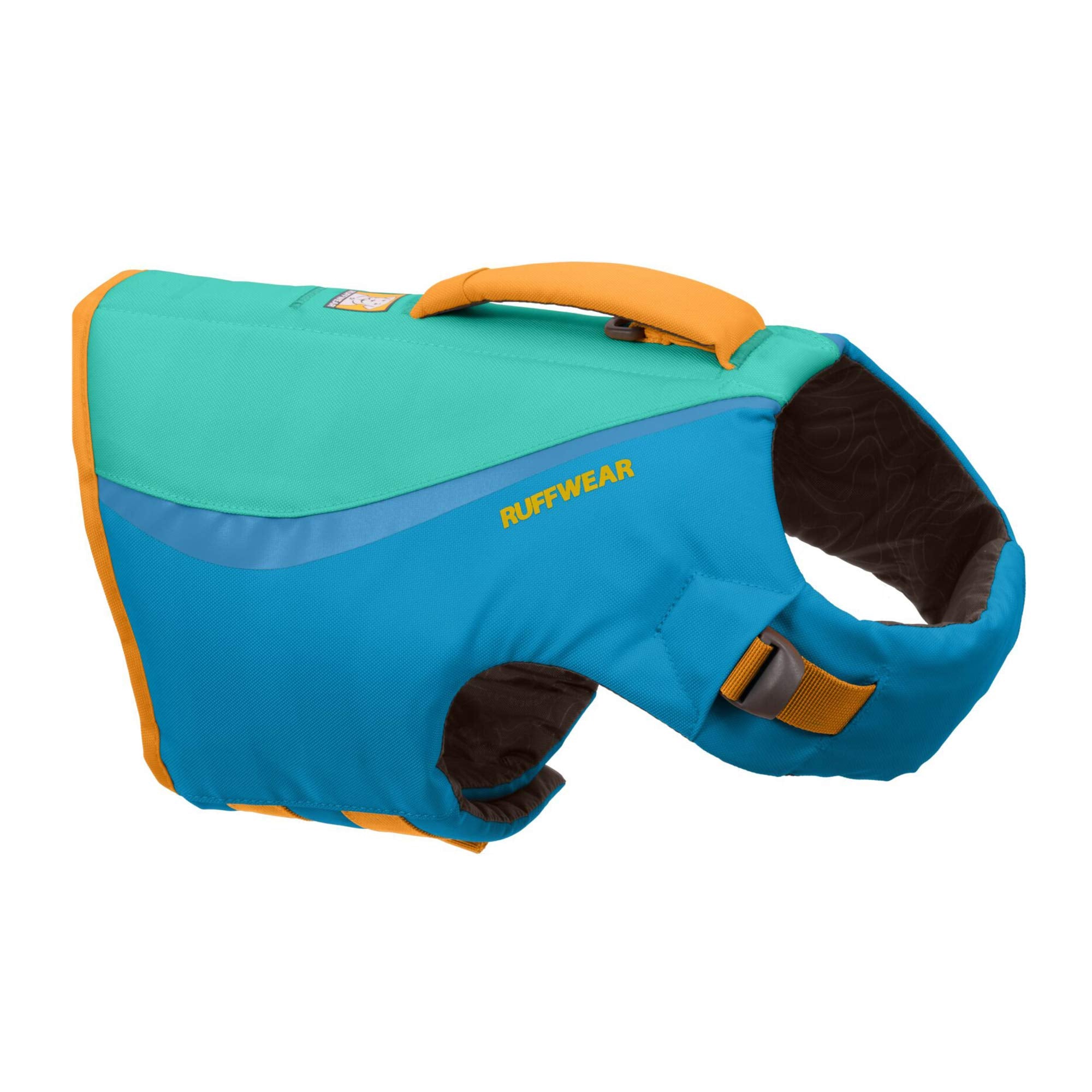 Ruffwear Float Coat side view shows buoyant flotation for confident swimming.