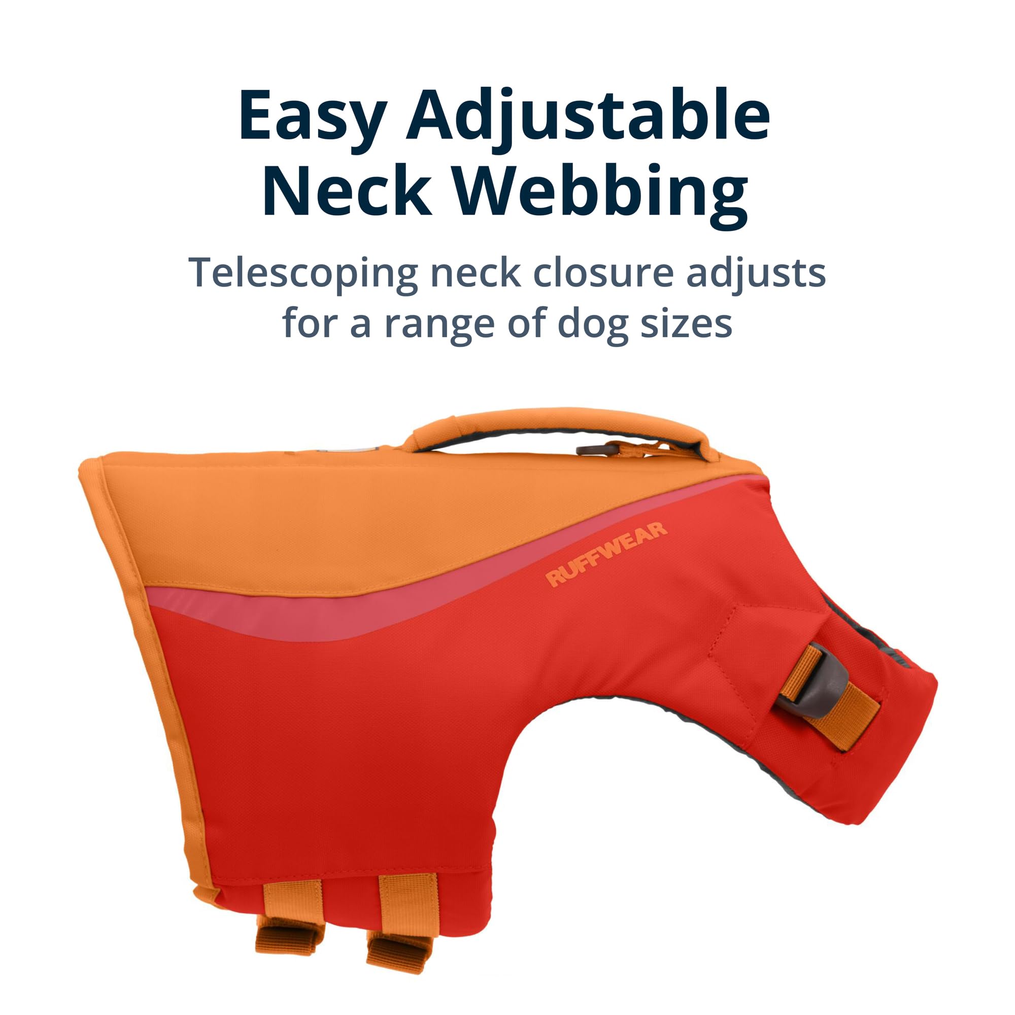 Ruffwear Float Coat large size with adjustable neck for deep-chested dogs.