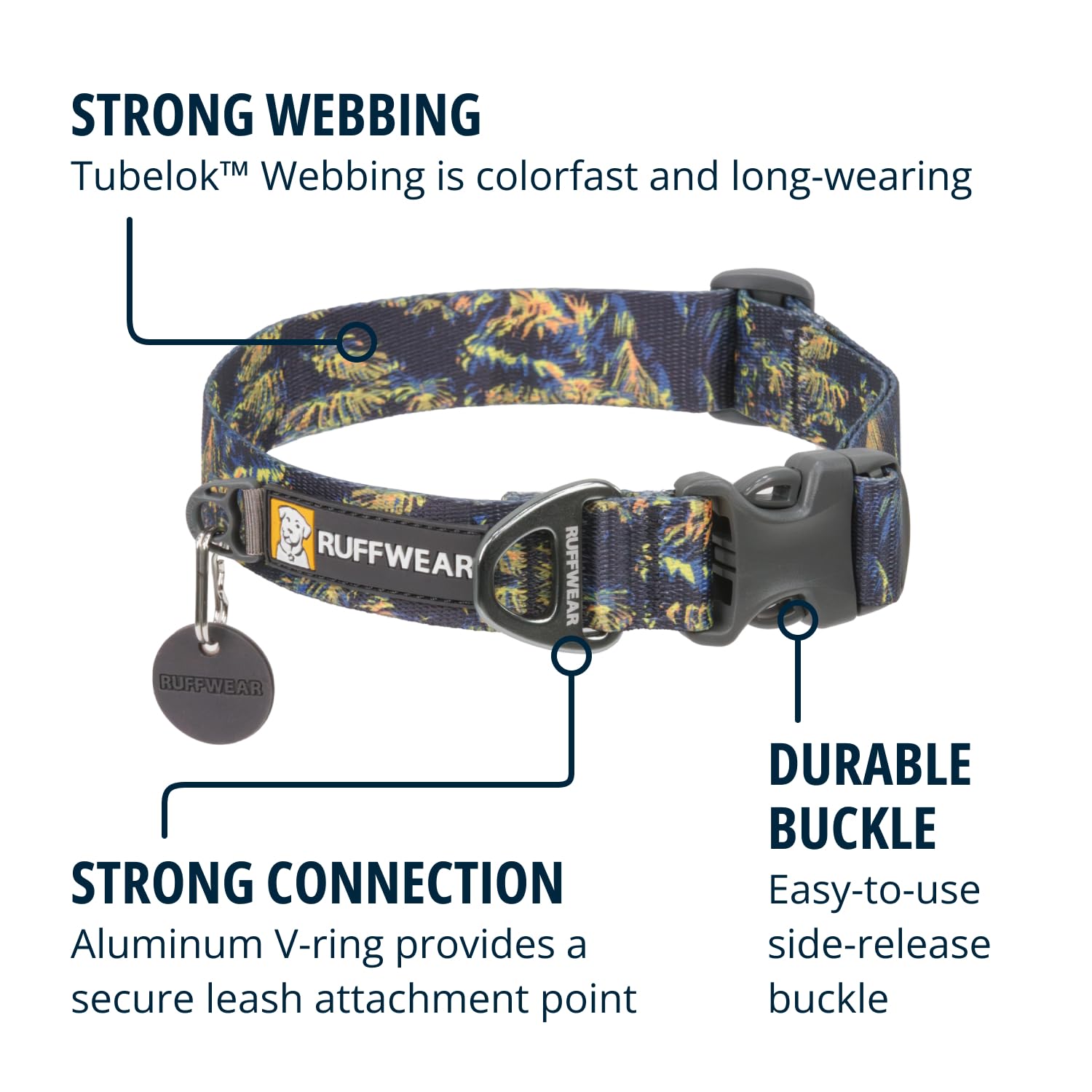 Ruffwear Front Range Collar aluminum V-ring detail demonstrates rustproof leash attachment for reliable control