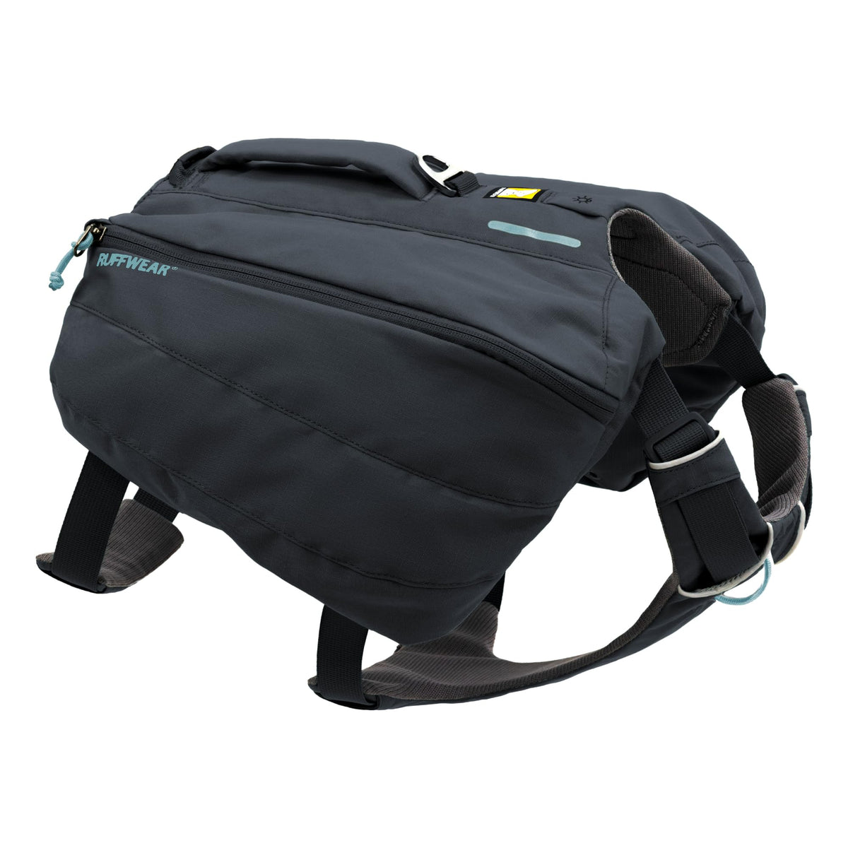 Ruffwear Front Range Day Pack on a dog, secure, bounce-free comfort for long hikes.