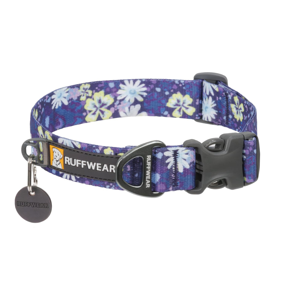 Ruffwear Front Range Wildflower buckle closeup highlighting rugged hardware for long hikes.