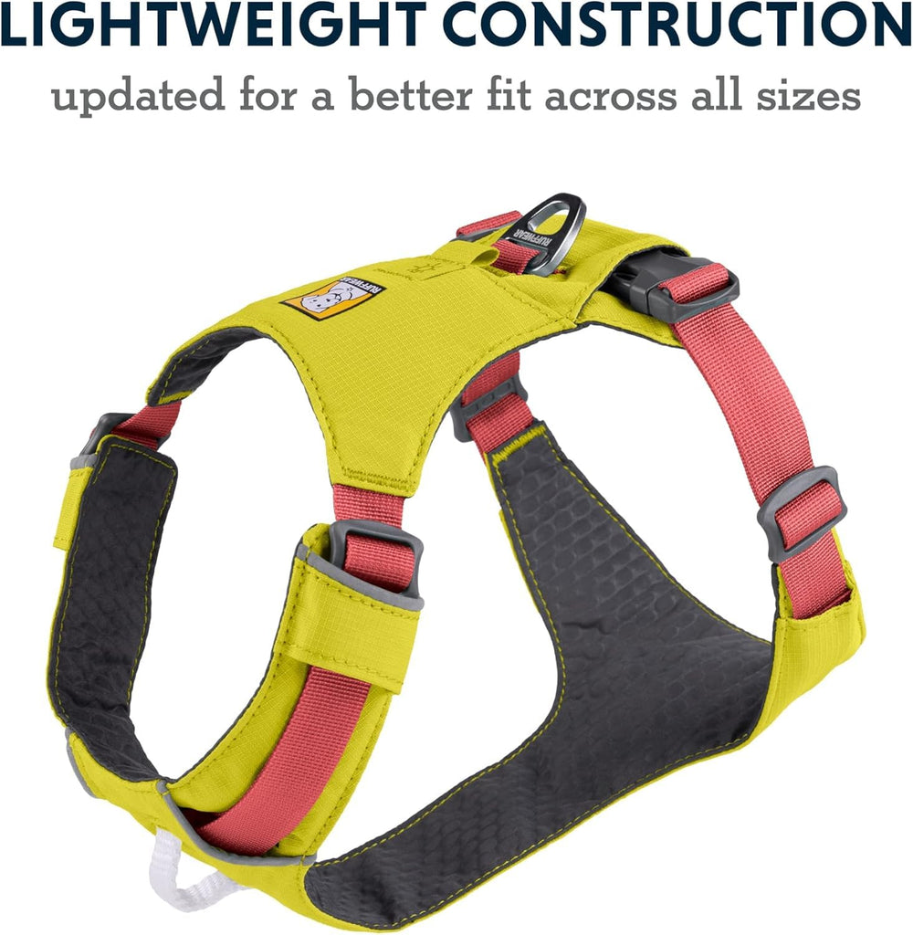 Ruffwear Hi & Light harness front-clip attachment for confident leash control during runs.