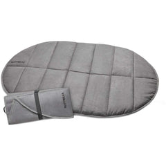 Ruffwear Highlands Pad open at campsite, insulated comfort on cold ground.