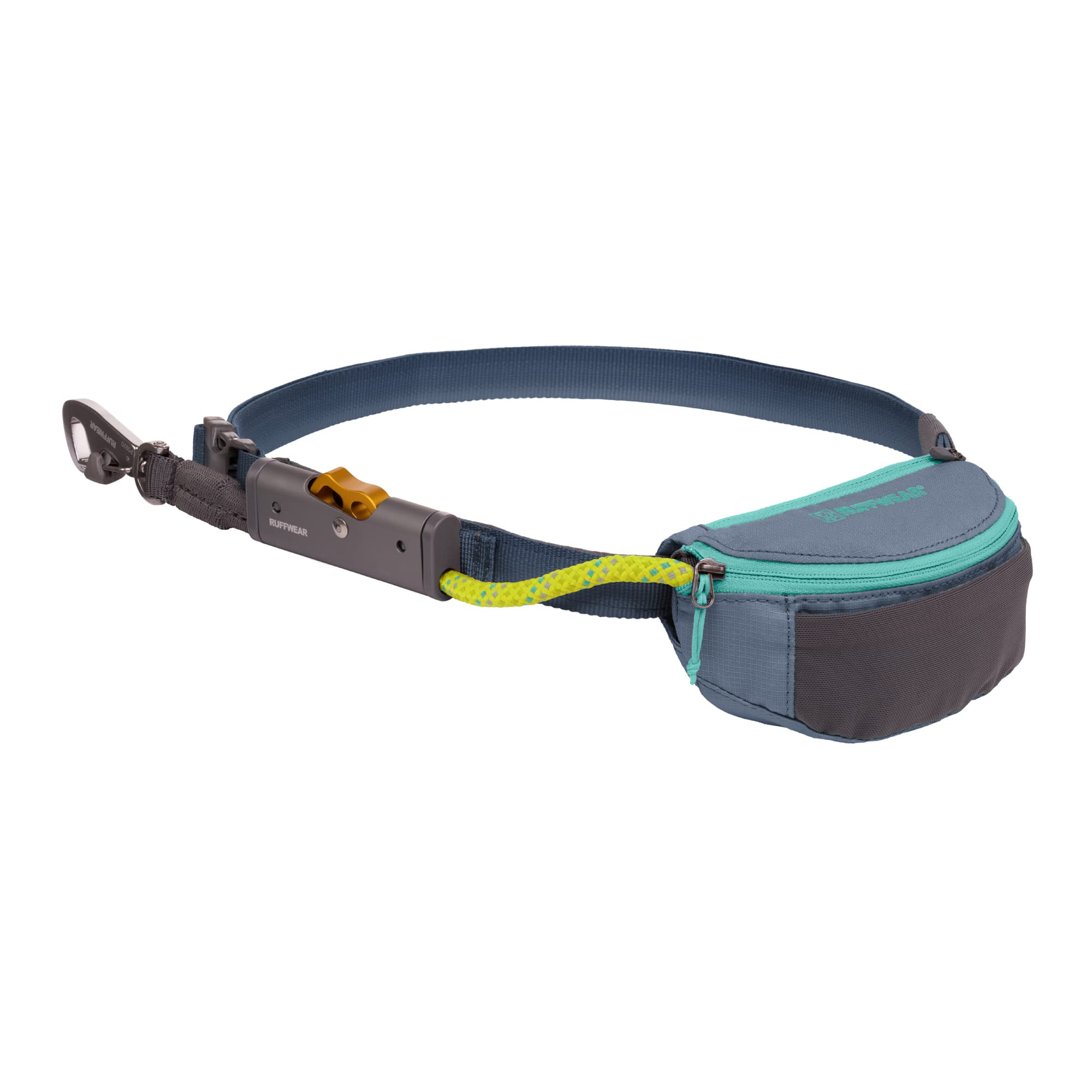 Ruffwear Hitch Hiker worn at the waist for hands-free hiking on rugged terrain.