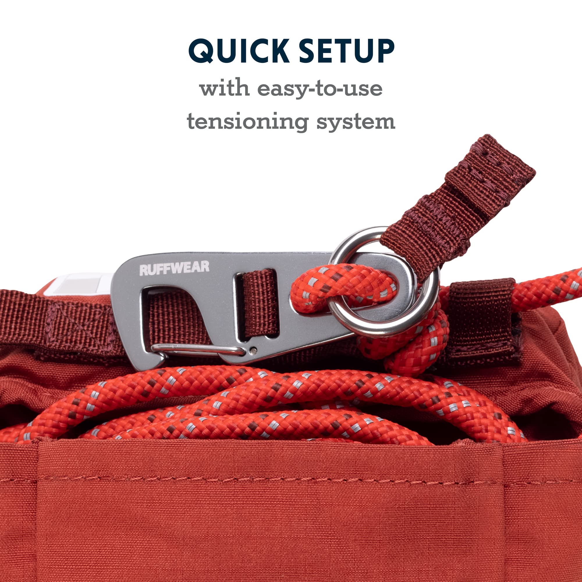 Ruffwear Knot-A-Hitch swiveling carabiner prevents leash twists during play.