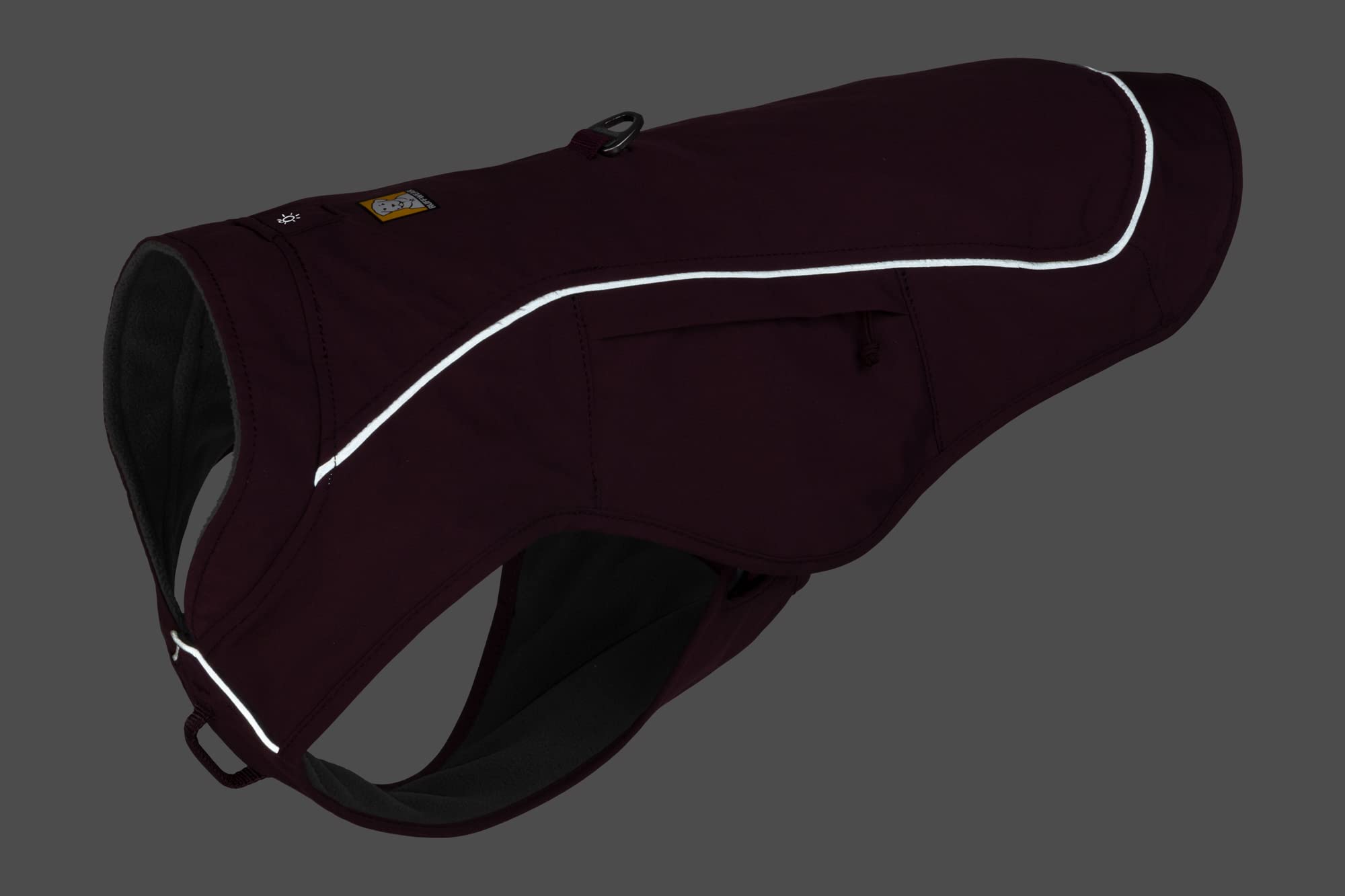 Ruffwear Overcoat Fuse reflective trim enhances visibility during dawn or dusk walks.