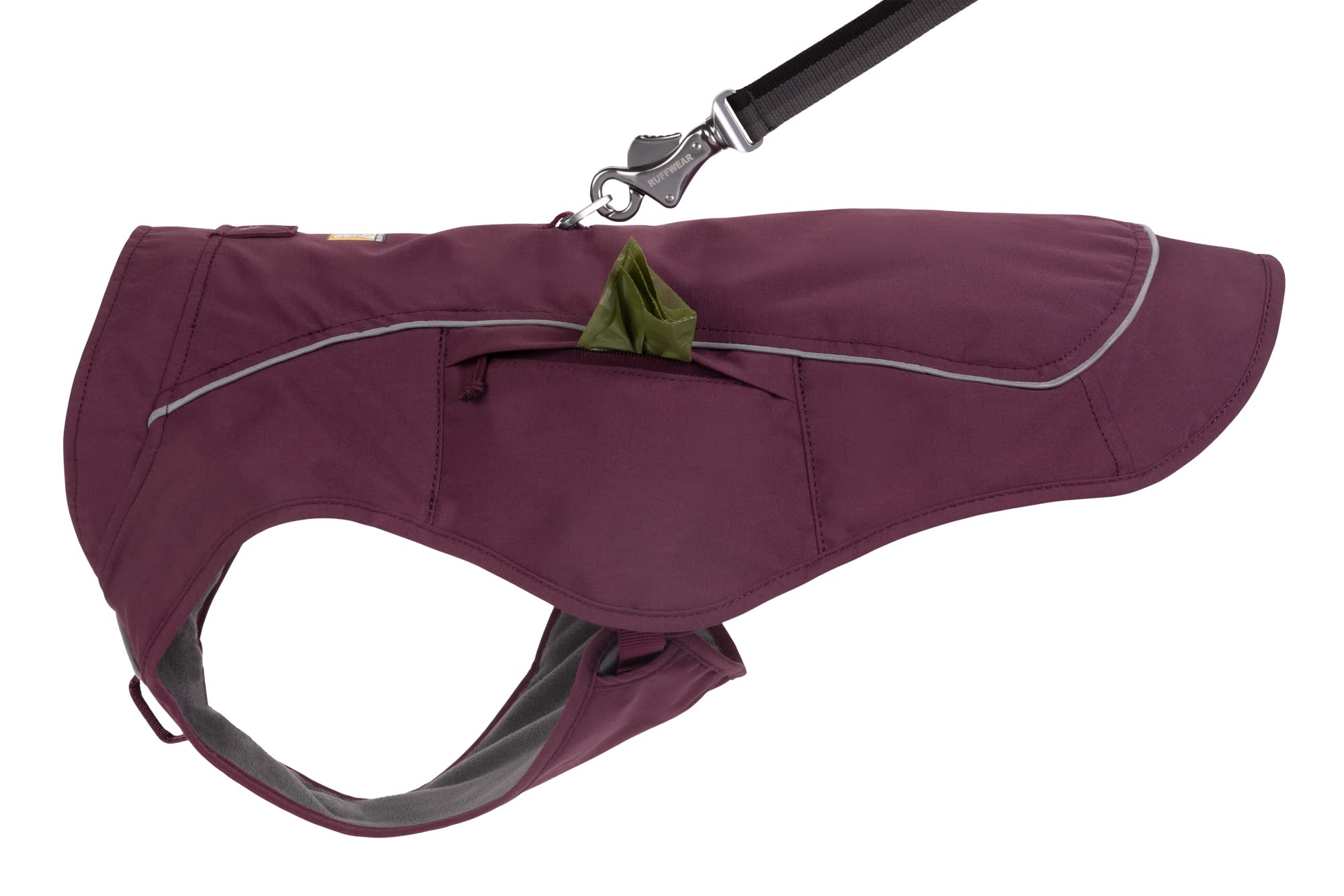 Ruffwear Overcoat Fuse weather-resistant fabric shields dogs from elements on trails.