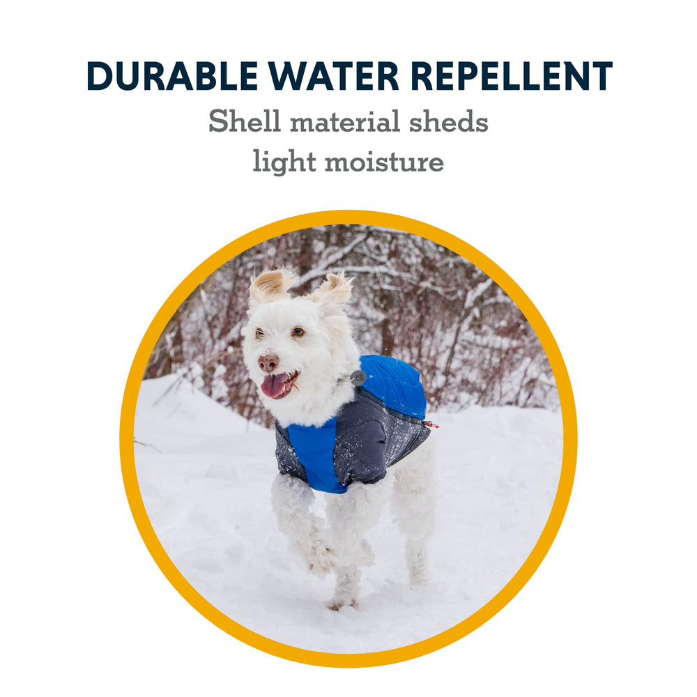 Ruffwear Powder Hound jacket reflective trim improves visibility at dawn.
