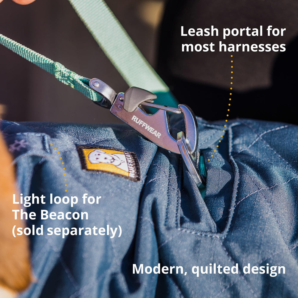 Bluesign-approved materials in Ruffwear Stumptown Quilted Jacket emphasizing eco-friendly design.