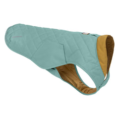 Ruffwear Stumptown Quilted Jacket on dog with easy on/off buckles for quick wear.