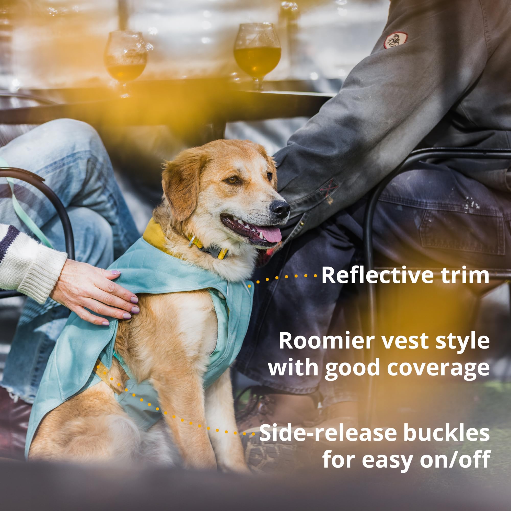 Reflective trim on Ruffwear Stumptown Quilted Jacket visible for night safety.