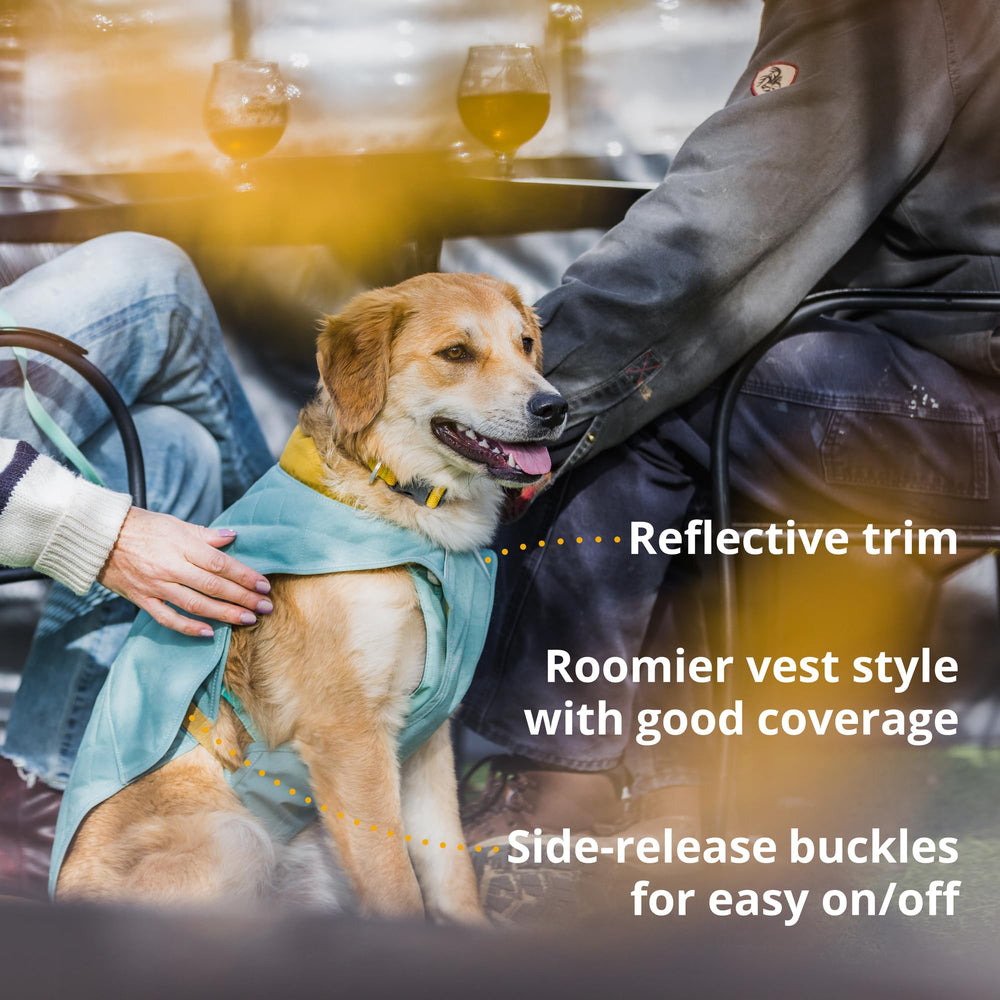 Reflective trim on Ruffwear Stumptown Quilted Jacket visible for night safety.