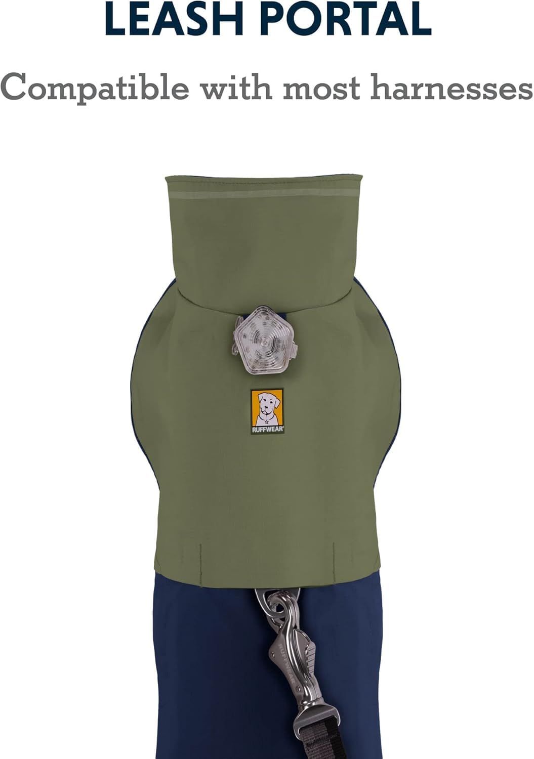Ruffwear Sun Shower back-leash portal allows harness wear over the coat in midnight blue