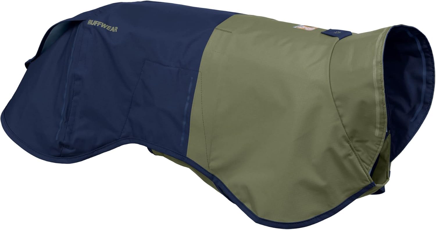 Ruffwear Sun Shower raincoat close-up showing waterproof shell keeps a dog dry
