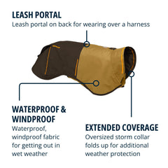 Ruffwear Sun Shower storm collar detail highlights extended hip coverage for gusty outings.