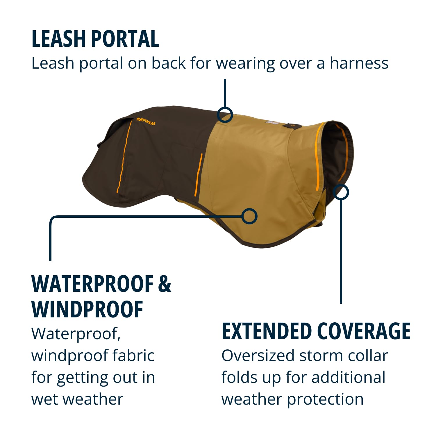 Ruffwear Sun Shower oversized storm collar blocks wind and rain during chilly ventures.