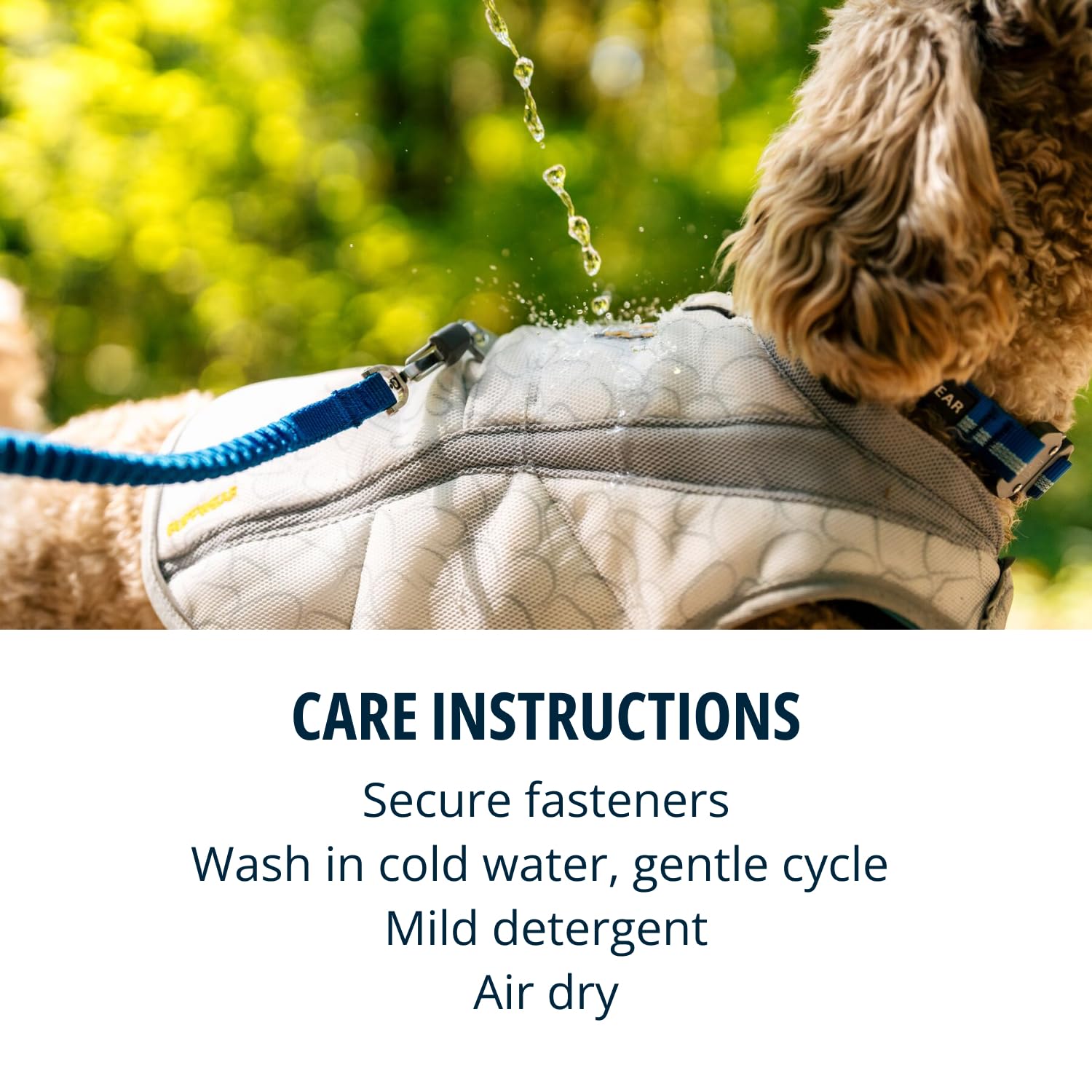 Ruffwear Swamp Cooler in graphite gray demonstrates sun-protective fabric and evaporative cooling.