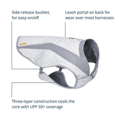 Ruffwear Swamp Cooler vest worn over a harness demonstrates compatibility with Ruffwear Front Range.