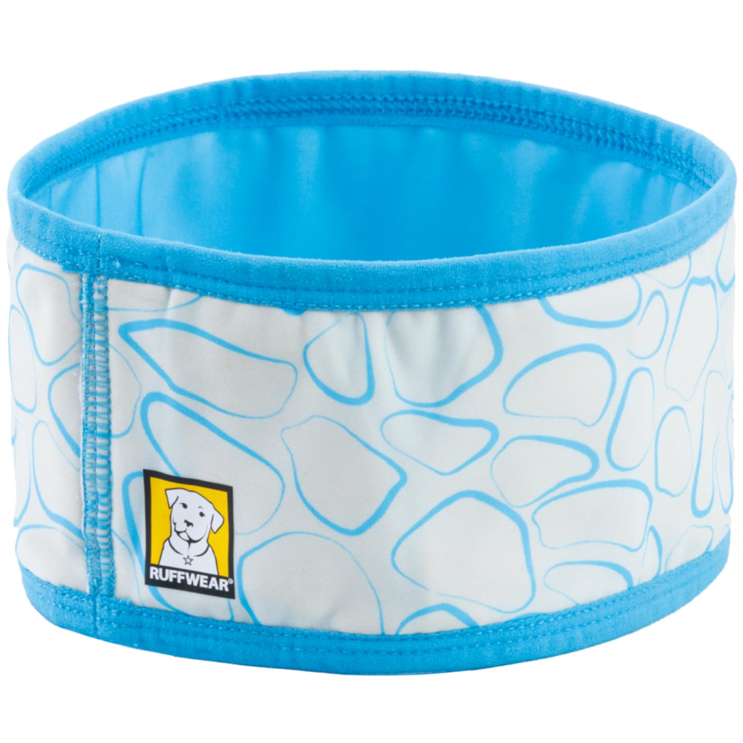 Ruffwear Swamp Cooler gaiter in Biolumin Blue worn on a dog for cooling during hikes.