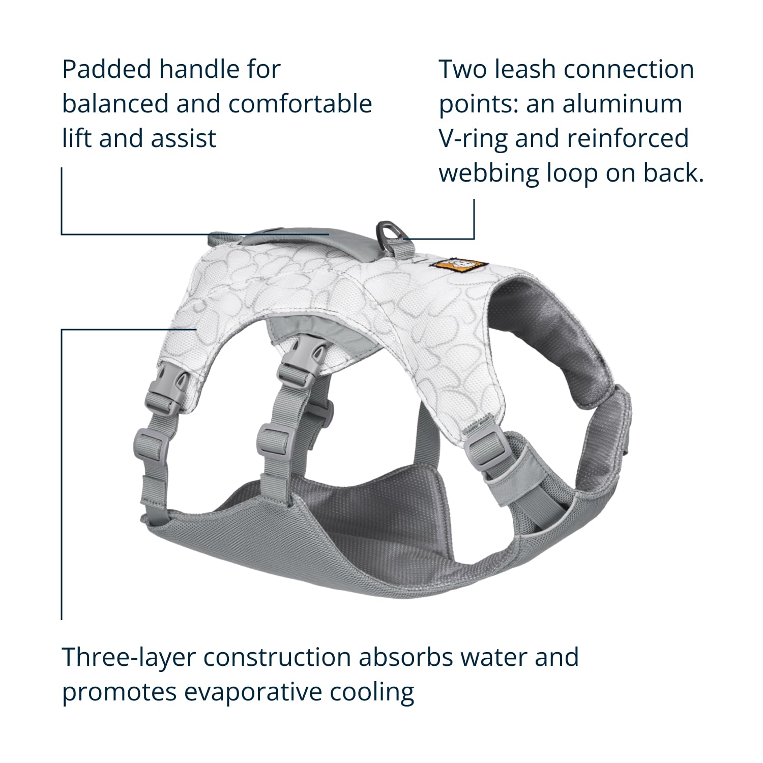 Ruffwear Swamp Cooler Harness back view shows dual leash attachment options.