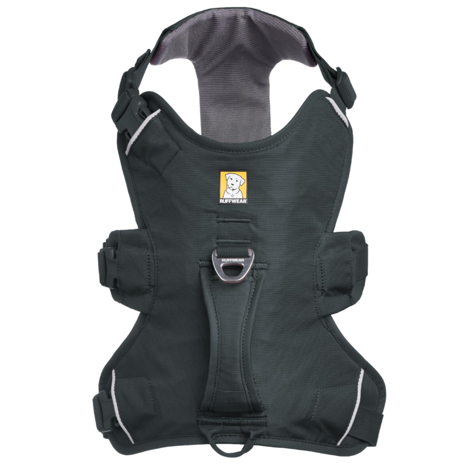 Ruffwear Web Master escape-resistant-fit demonstrates snug adjustment to prevent slipping.