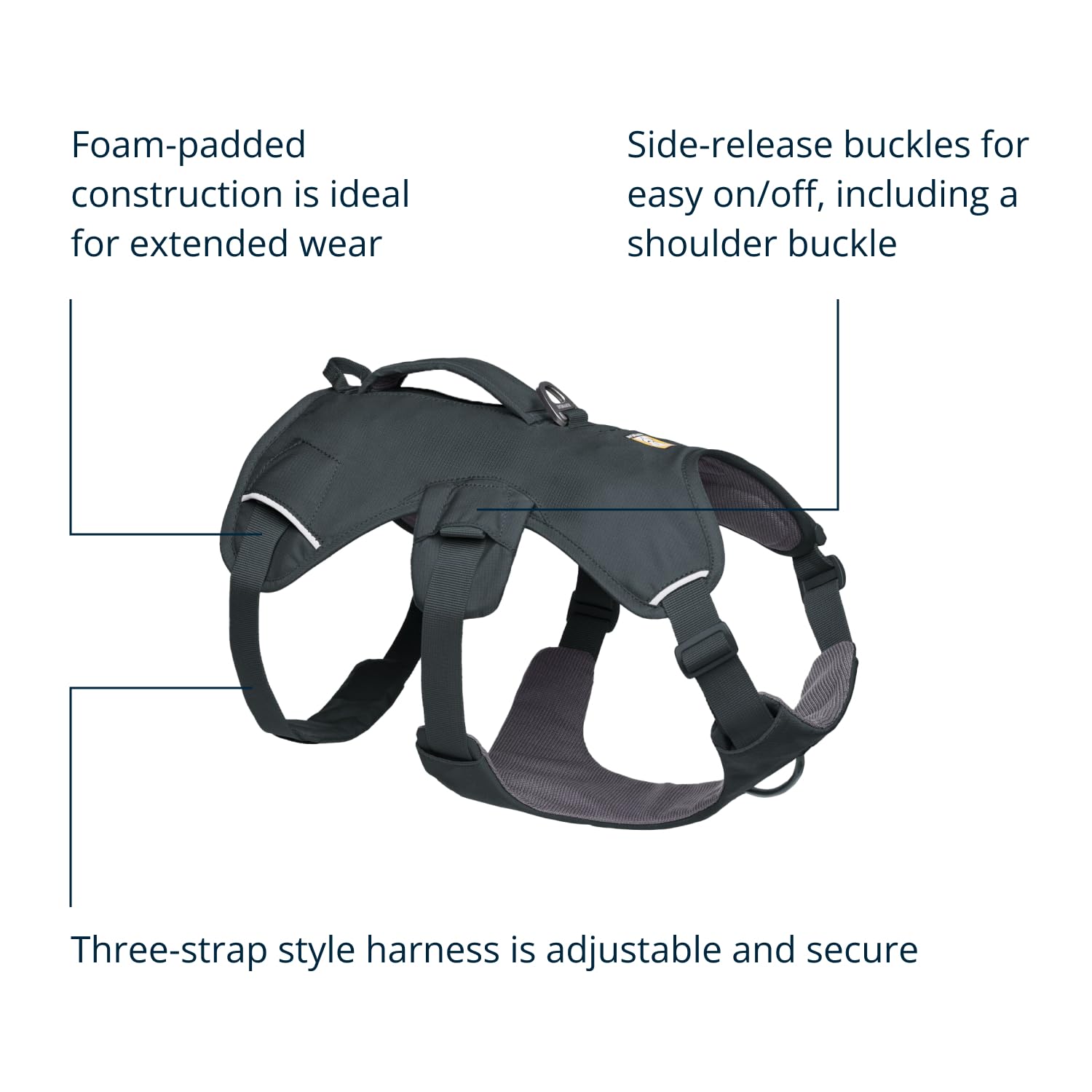 Ruffwear Web Master back V-ring and front clip offer versatile leash options.