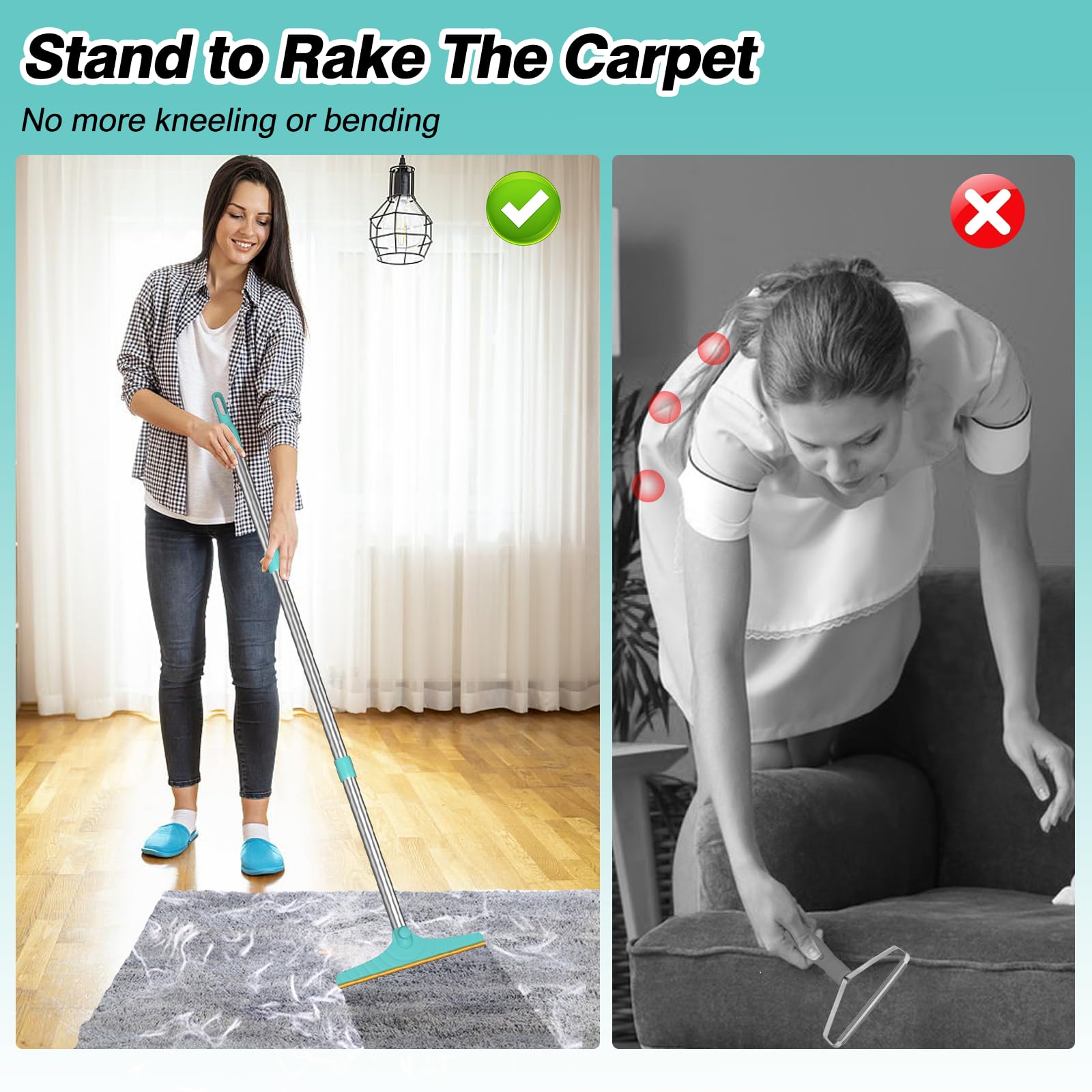 Rundik carpet rake safe-on-fabrics visual demonstrates gentle performance on most rugs.