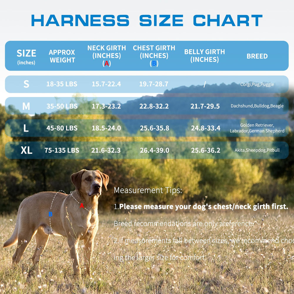 RunFido small dog harness size chart fit showing range from S to XL