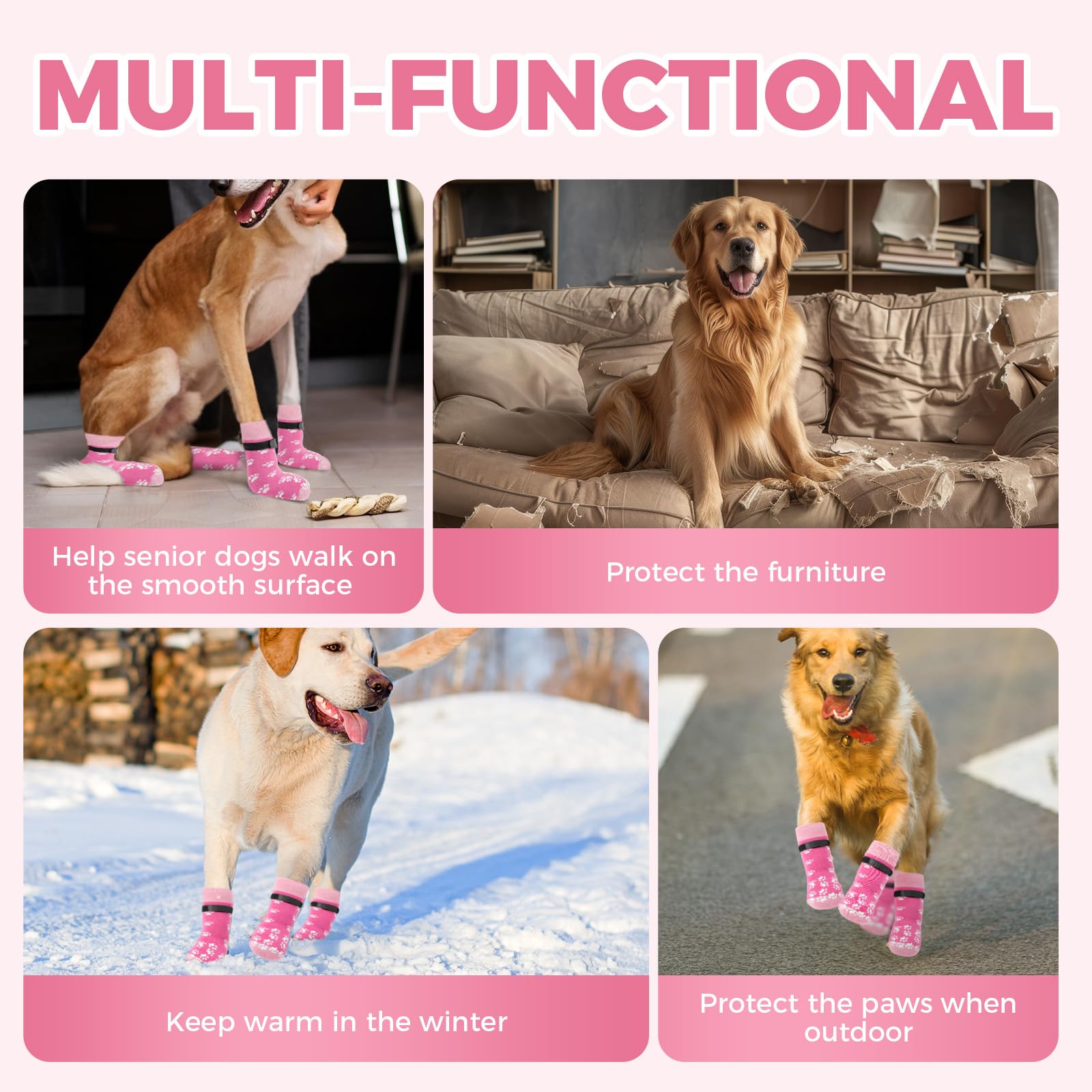 Runpaws pink dog-socks warmth-and-grip highlight warmth and stable footing on slick surfaces.