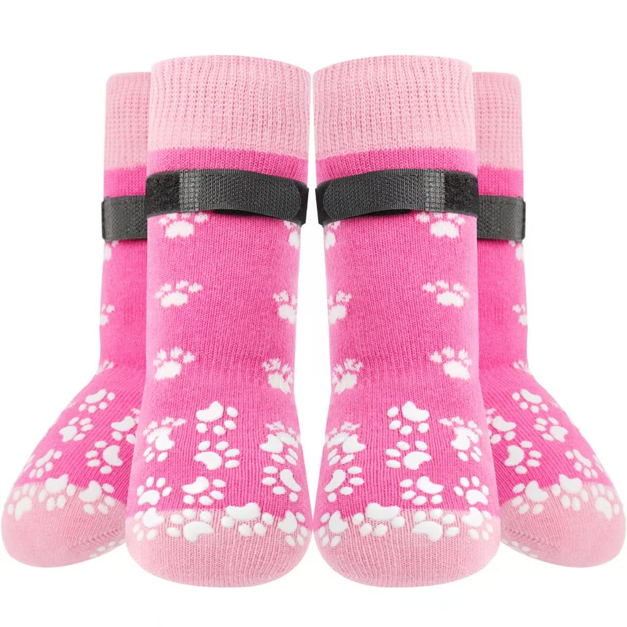 Runpaws pink non-slip socks front view offering secure traction on hardwood floors.