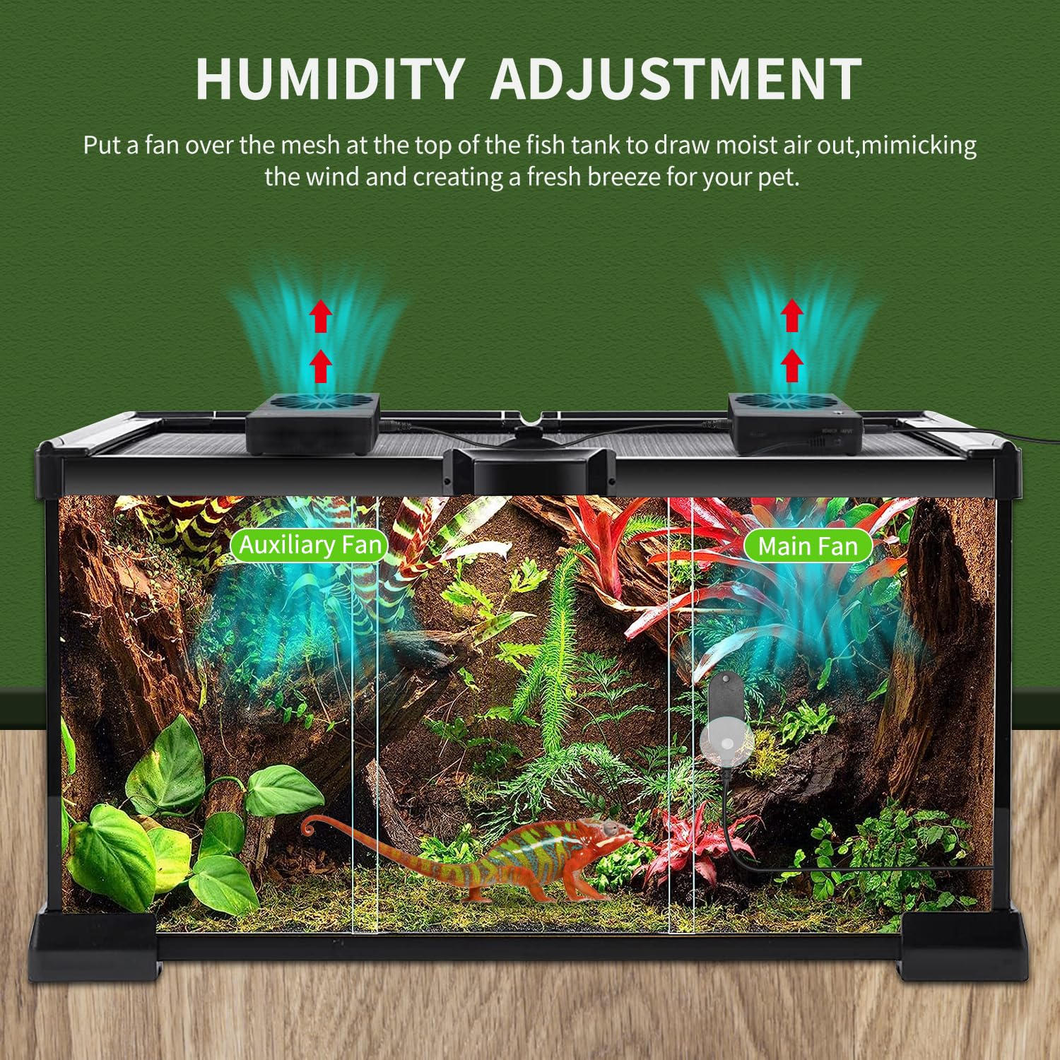 RUNWUSHENG Reptile Fan humidity-threshold-control illustrates simple single-button setup.
