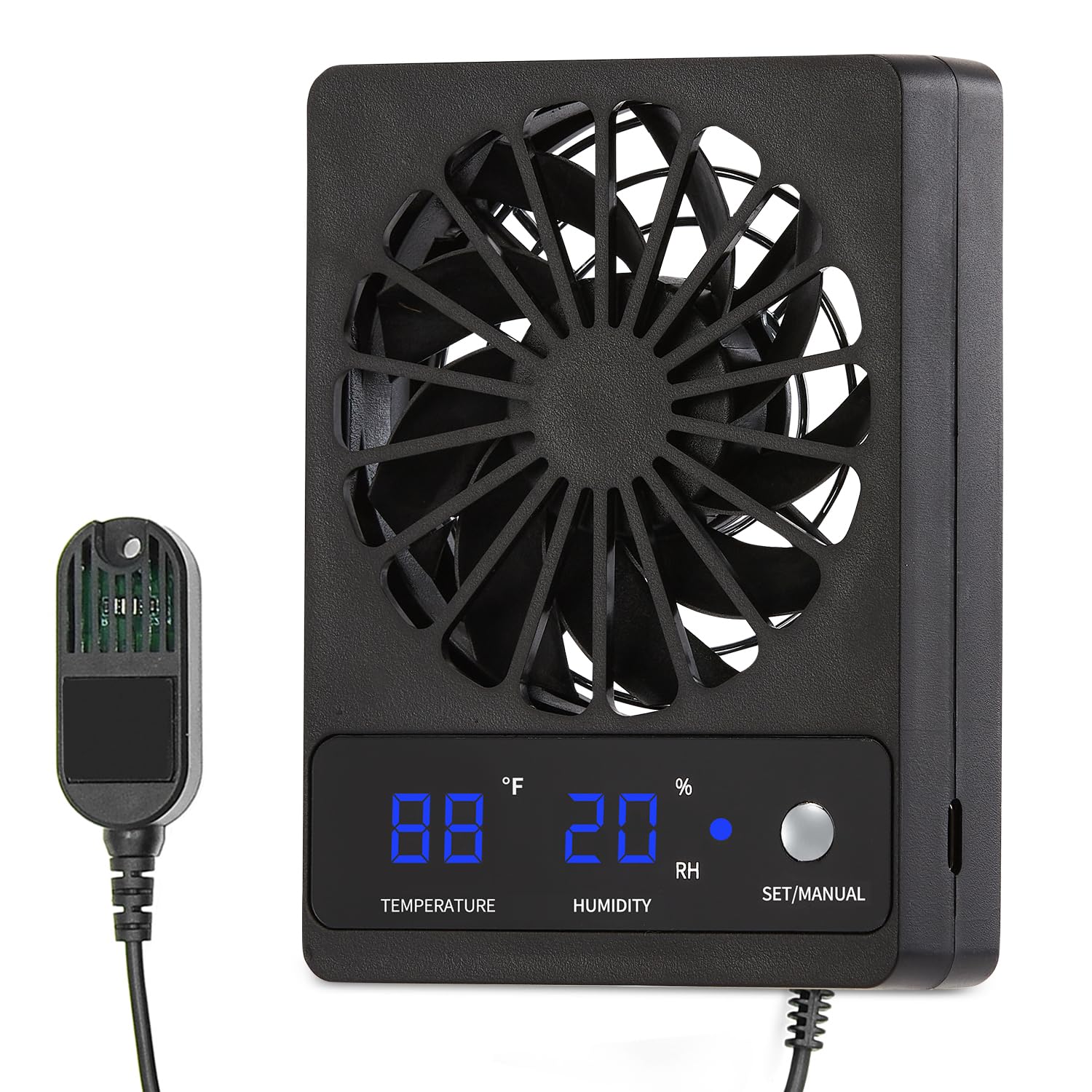 RUNWUSHENG Reptile Fan display shows precise temps and humidity for stable terrarium monitoring.