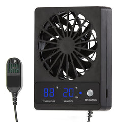 RUNWUSHENG Reptile Fan display shows precise temps and humidity for stable terrarium monitoring.