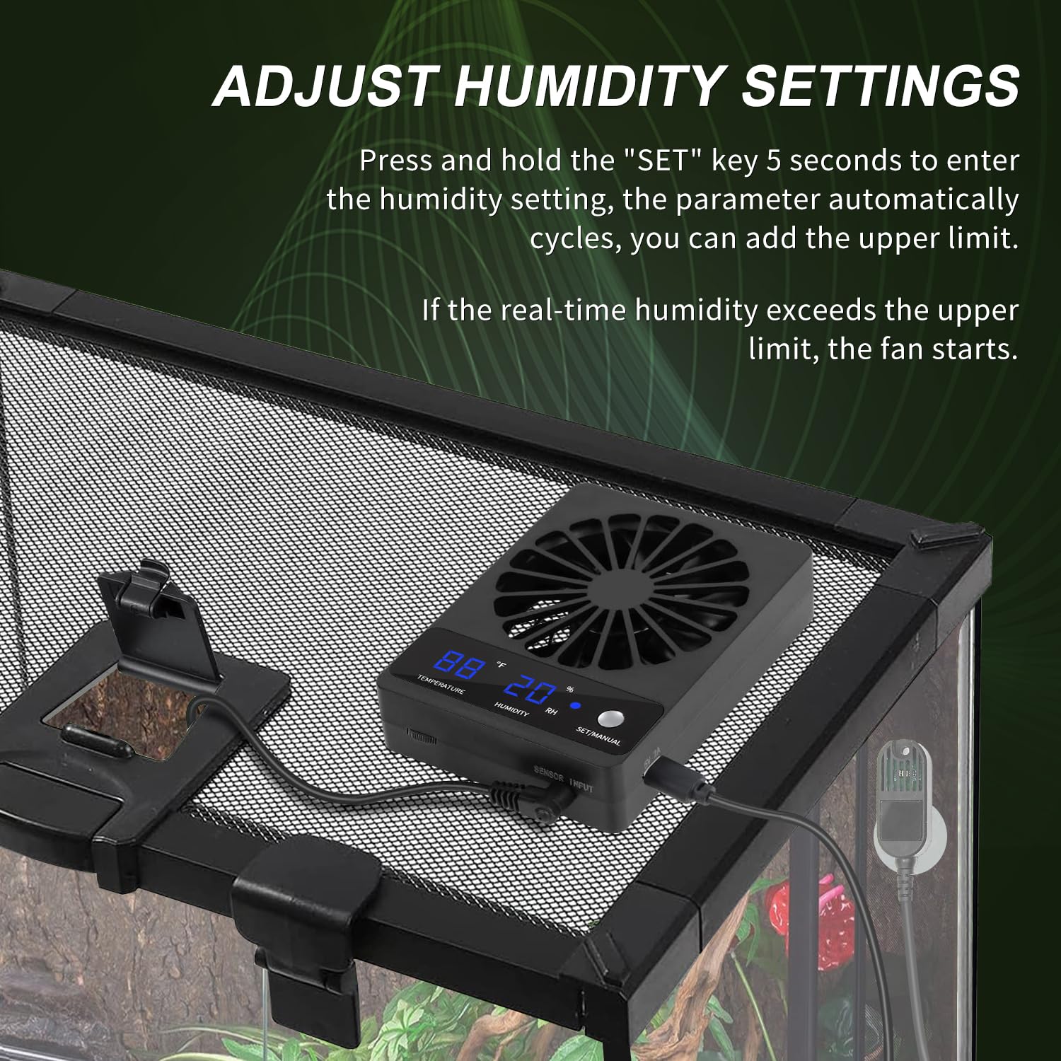 RUNWUSHENG Reptile Fan terrarium-ventilation demonstrates automatic airflow when humidity rises.