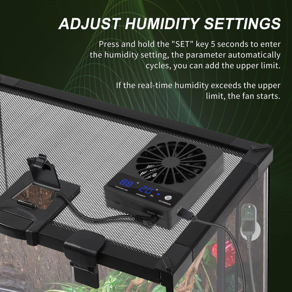 RUNWUSHENG Reptile Fan terrarium-ventilation demonstrates automatic airflow when humidity rises.
