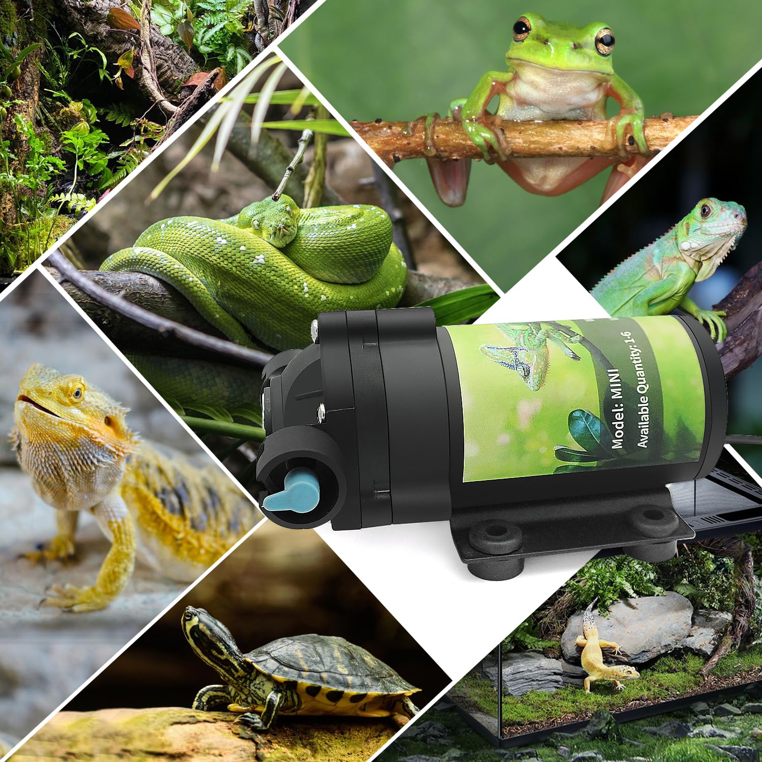 RUNWUSHENG Reptile Mister System in-use example with multi-angle spray coverage.