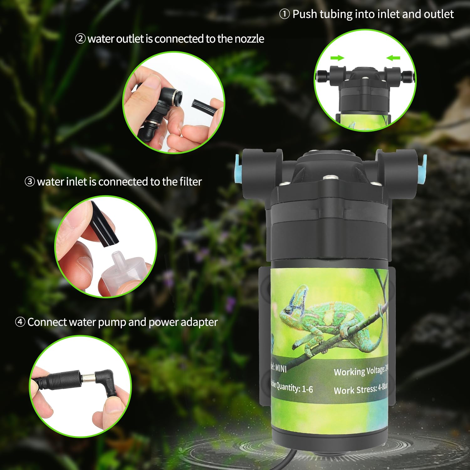 RUNWUSHENG Reptile Mister System six-nozzle array delivers even humidity around enclosure.