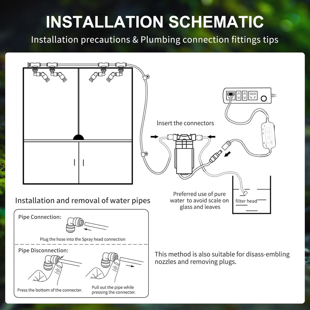 RUNWUSHENG Reptile Mister System self-priming pump operates quietly during long mist cycles.