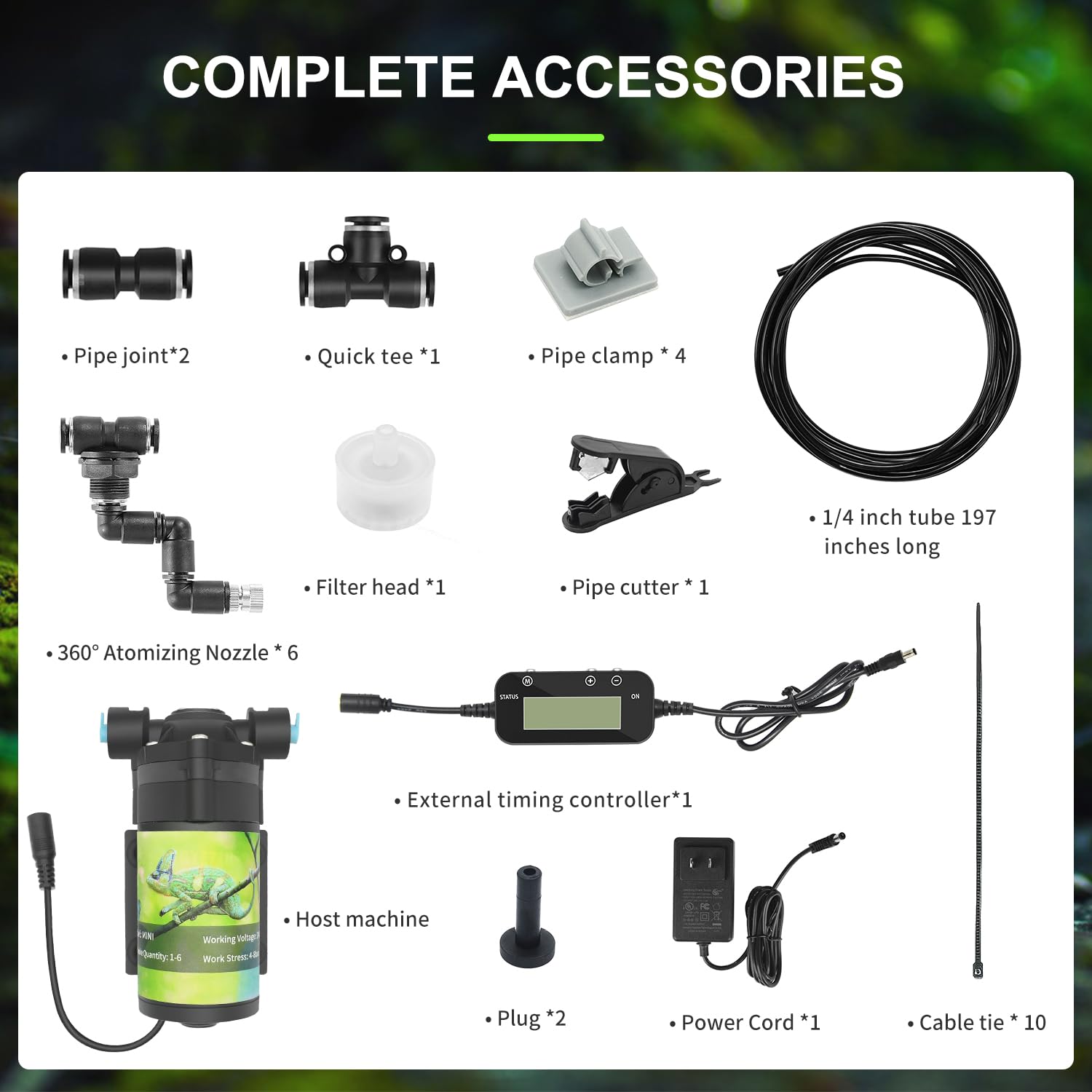 RUNWUSHENG Reptile Mister System tank-setup with misting around a reptile habitat.