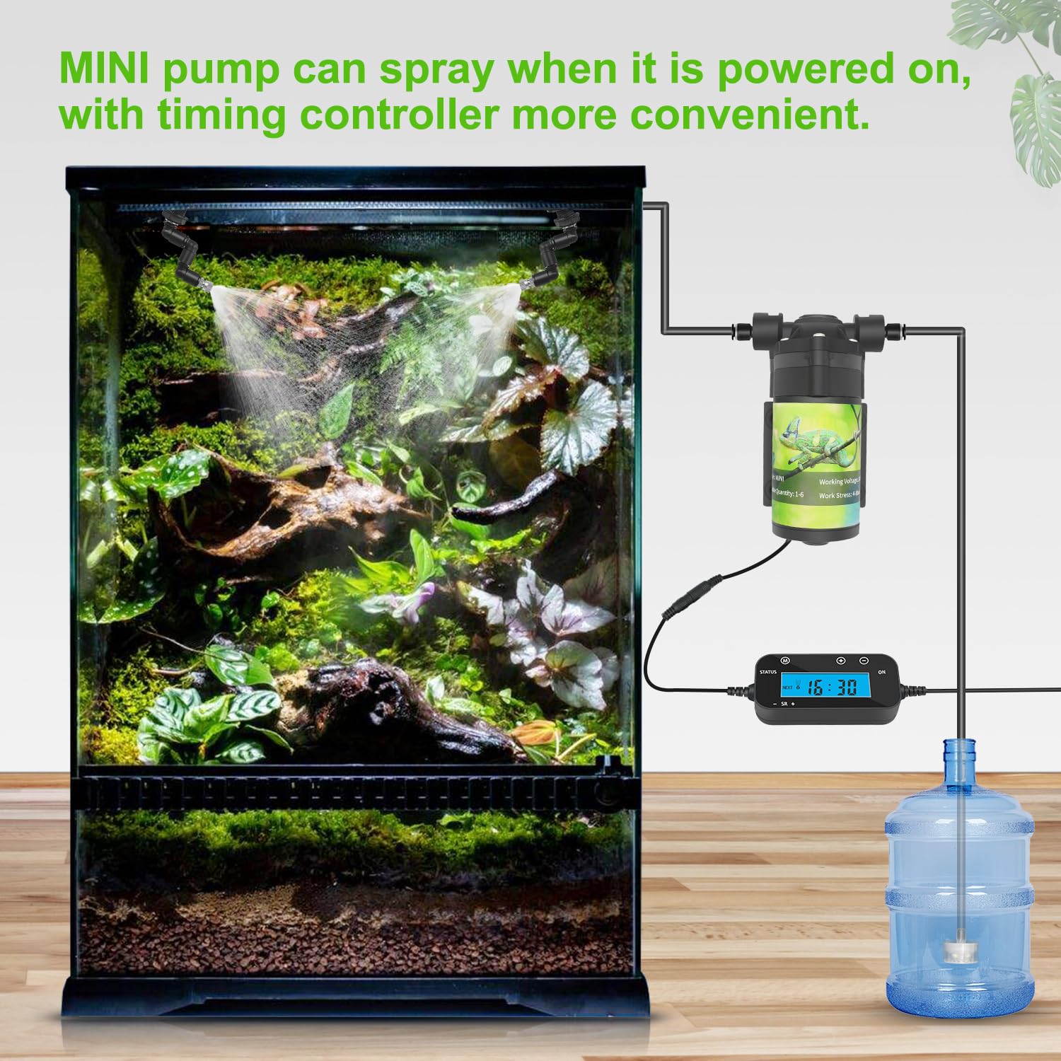 RUNWUSHENG Reptile Mister System tubing-assembly showing flexible installation around corners.
