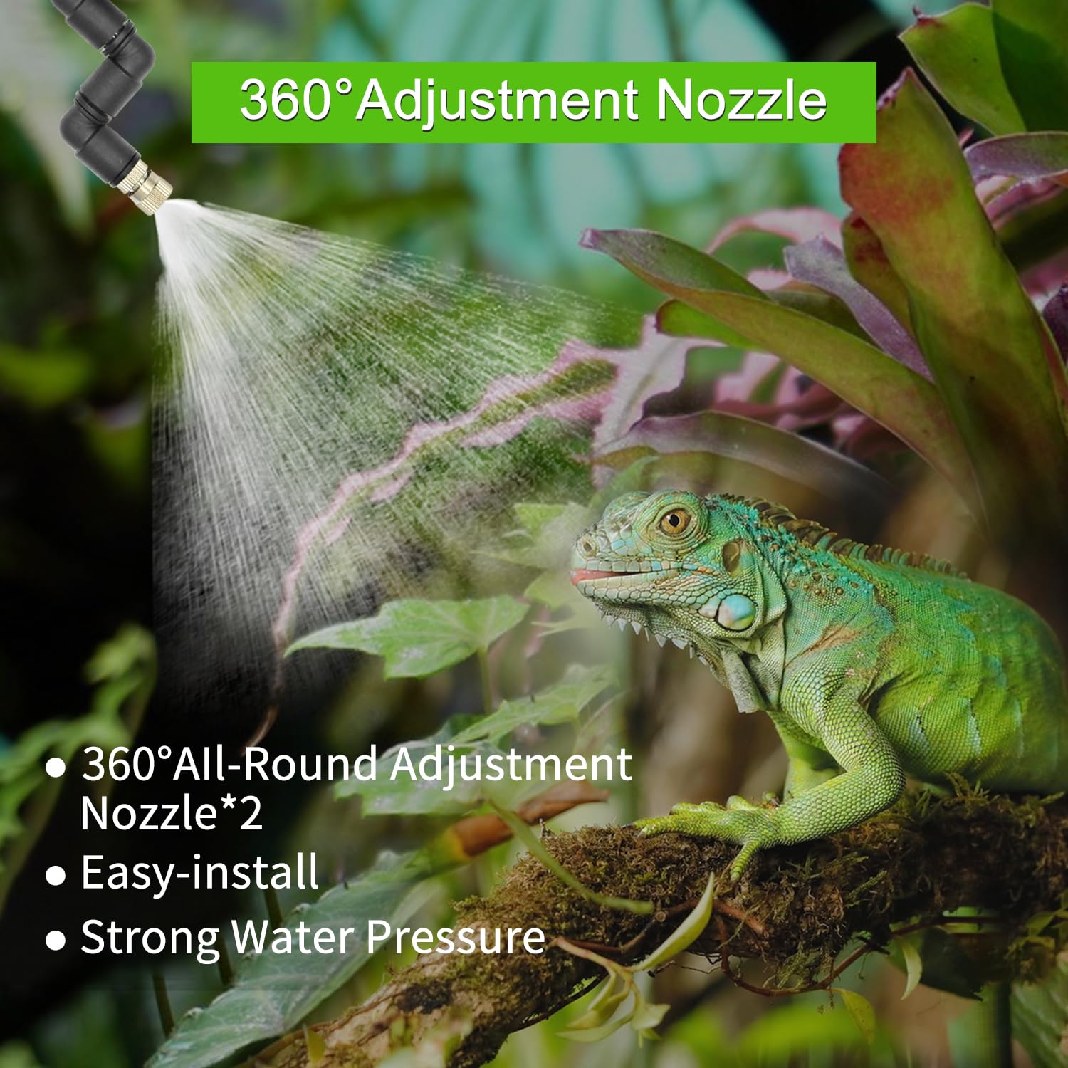 RUNWUSHENG reptile misting-system 2-nozzles demonstrates dual spray coverage for even enclosure humidity.