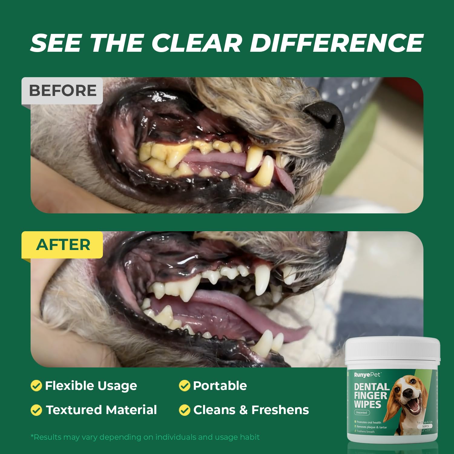 RunyePet Finger Wipes shown delivering fresher breath after use on a pet.