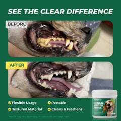 RunyePet Finger Wipes shown delivering fresher breath after use on a pet.