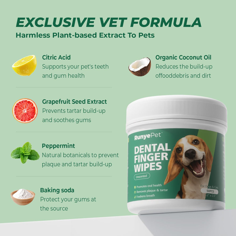 RunyePet no-rinse design highlighted for quick dental cleanups.