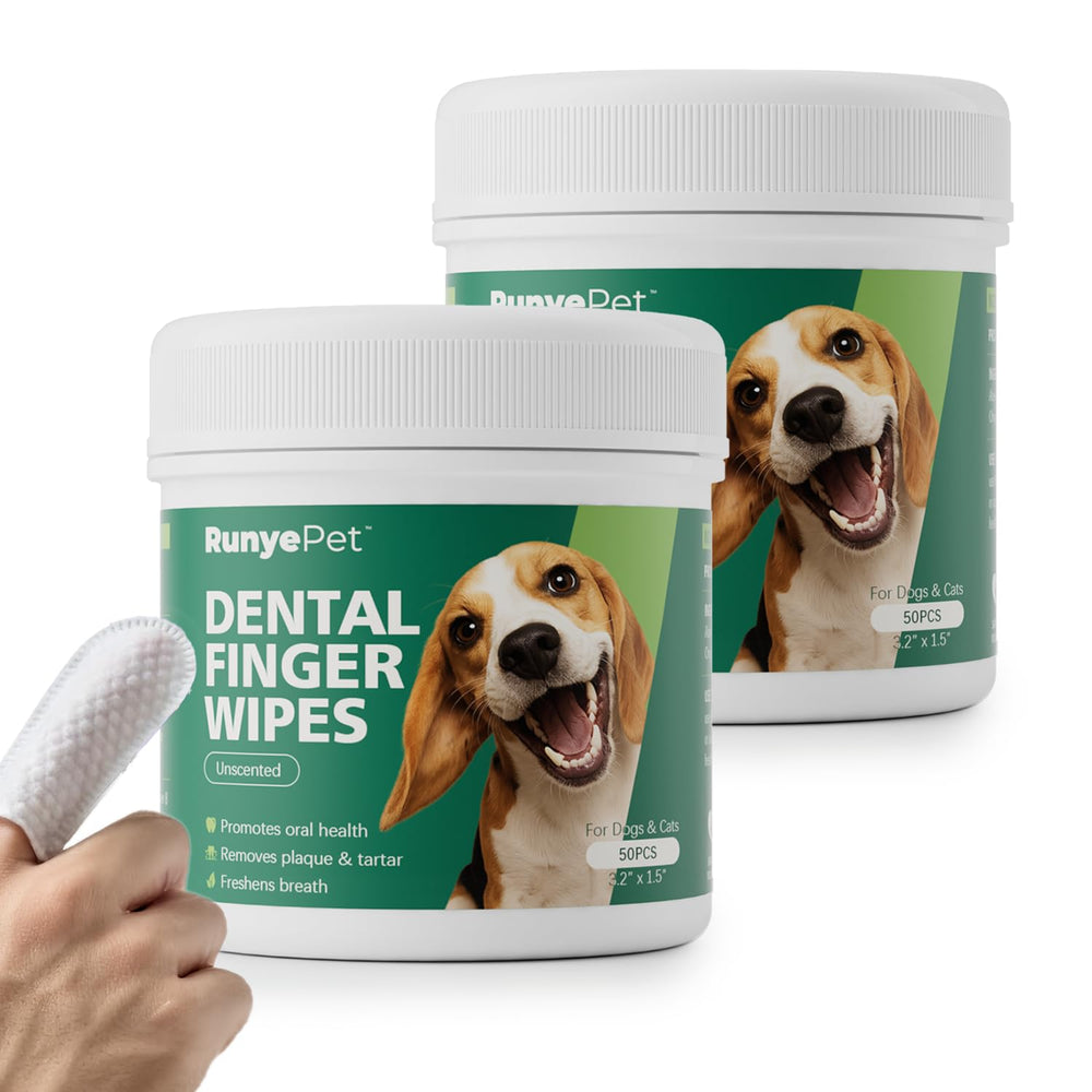 RunyePet packaging for Pet Dental Finger Wipes enables easy on-the-go dental care.